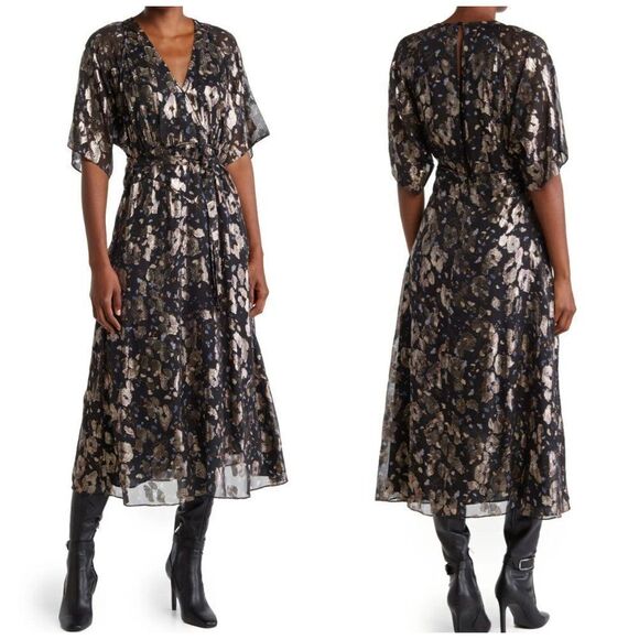 ba&sh Metallic Short Sleeve Silk Print Midi Dress - Picture 4 of 13